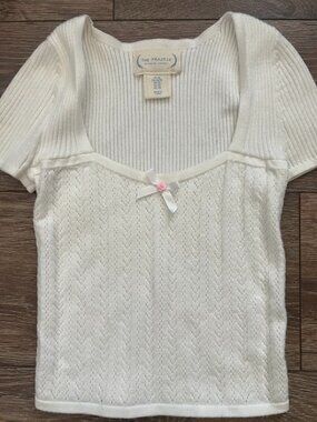 The Prairie by Rachel Ashwell White Knit Bow Short Sleeve Top Size XS